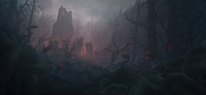 Diablo Immortal fantasy art of a dark forest with ruins
