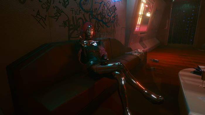 Lizzy Wizzy from Cyberpunk 2077 smoking on a couch