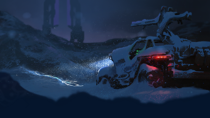 Vehicle in a snowy landscape with large figures in the background