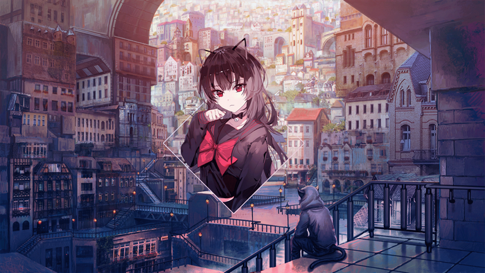 Anime cat girl in a city with a cat silhouette