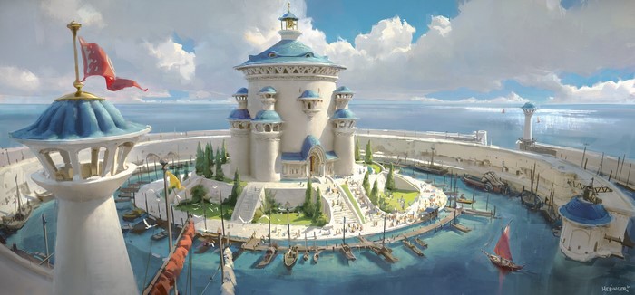 Painting of a coastal fortress with boats and a lighthouse