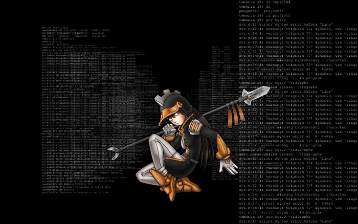 OS-tan girl with spear on code background