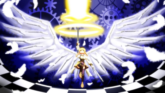 Tomoe Mami from Mahou Shoujo Madoka Magica with wings and guns