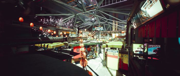 Cyberpunk 2077 marketplace with lanterns