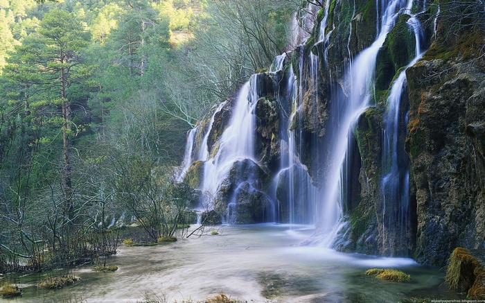Waterfall cascading down mossy rocks in a forest