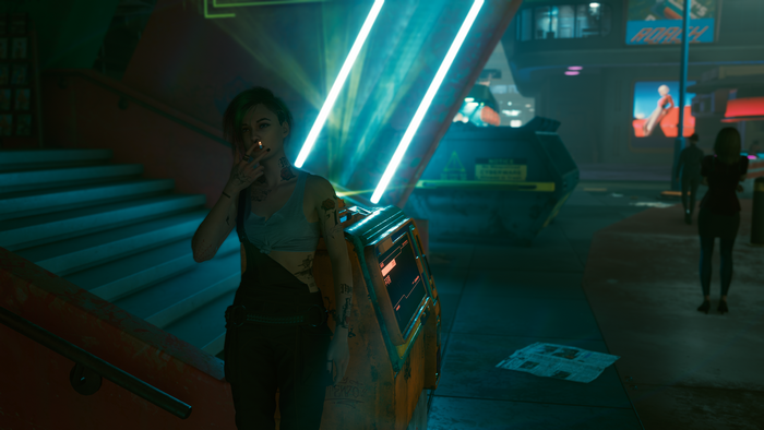 Judy Alvarez from Cyberpunk 2077 smoking