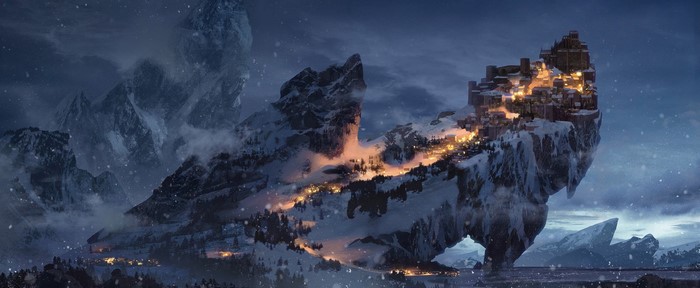 Digital art of a snowy mountain village at night