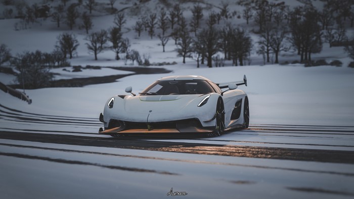 Koenigsegg Jesko in Forza Horizon 4 on a snowy road