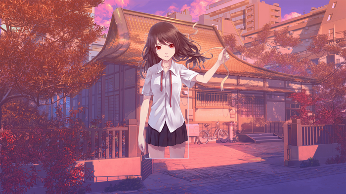 Anime girl in school uniform holding a ribbon