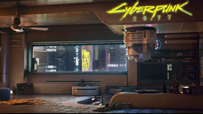 Cyberpunk 2077 apartment interior with city view