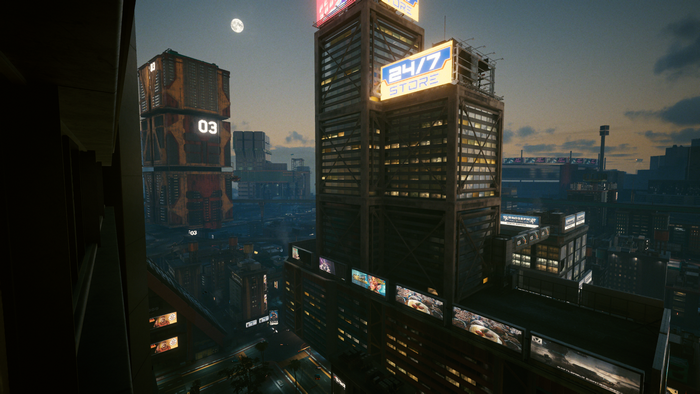 Cyberpunk 2077 cityscape with 24/7 store