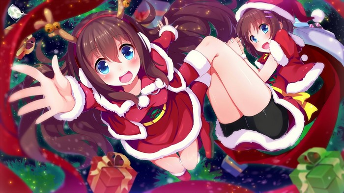 Santa Girl in Red Costume with Blue Eyes