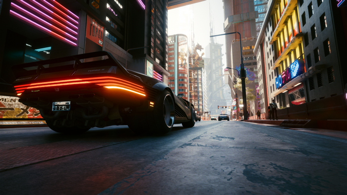 Cyberpunk 2077 car with glowing taillights on city street