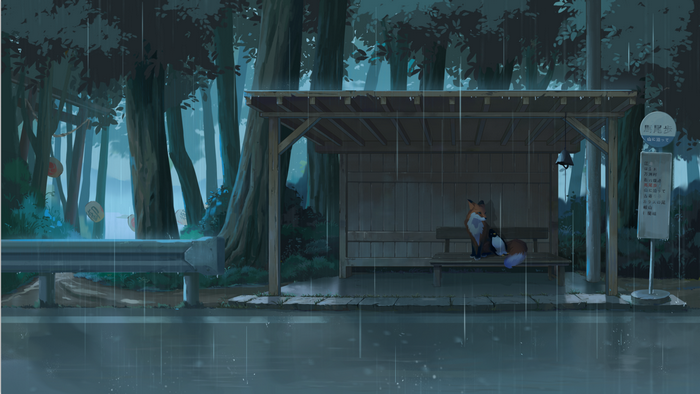 Fox and penguin at a rainy bus stop
