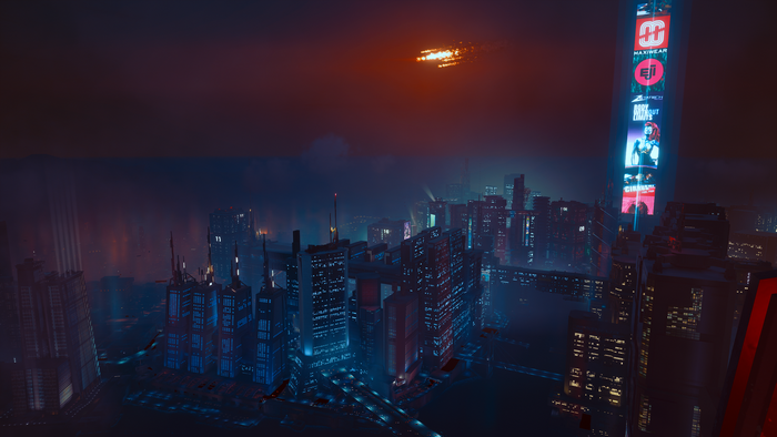 Futuristic city at night with a glowing object in the sky