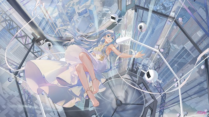 Anime girl with blue hair in a white dress floating