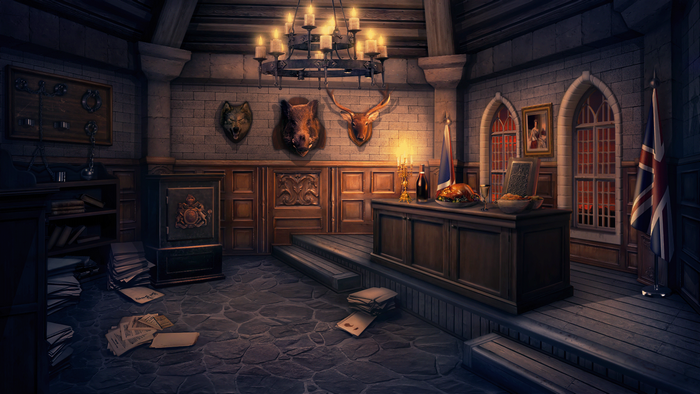 Office with animal heads, safe, and food