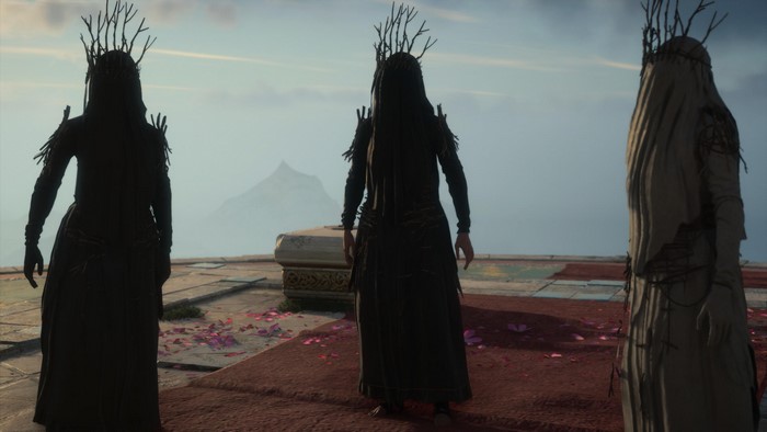 Three figures in dark robes and branch crowns in Assassin's Creed: Valhalla