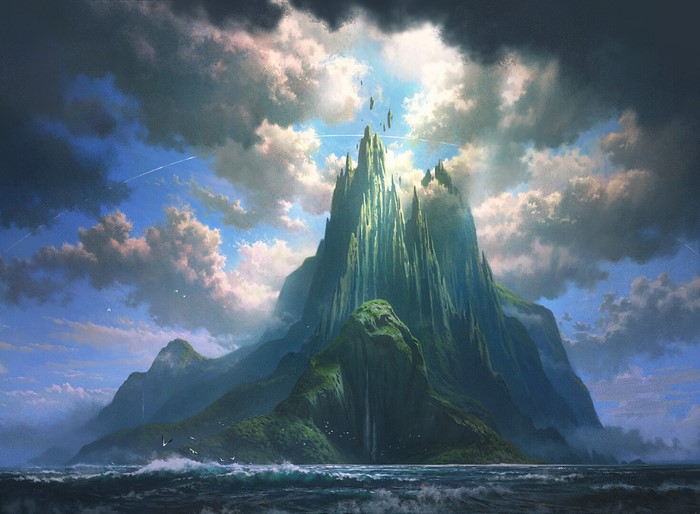 Digital art landscape of jagged mountains in the ocean