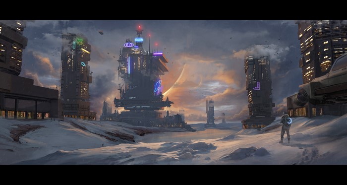 Futuristic city artwork with buildings and a lone astronaut