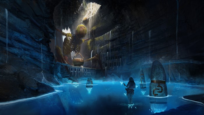 Skeleton in a cave with glowing water and standing stones