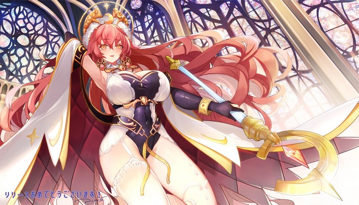 Anime girl with long red hair and staff