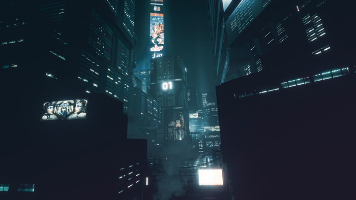 Cyberpunk 2077 cityscape with neon signs