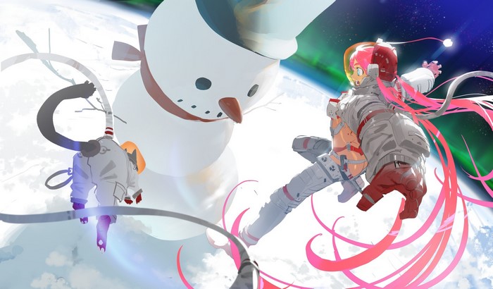 Anime girl and cat in spacesuits with snowman in space