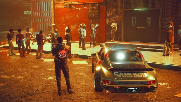 Male V from Cyberpunk 2077 with Porsche 911