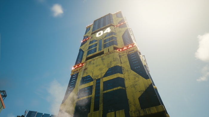 Cyberpunk 2077 futuristic building with number 04