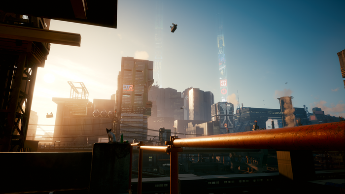Cat on a ledge in a futuristic cityscape