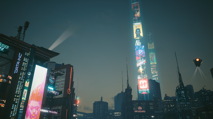 Cyberpunk 2077 cityscape with neon lights