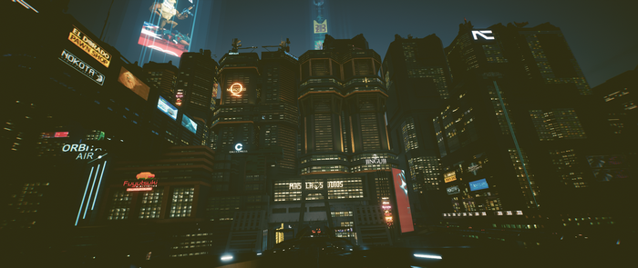 Cyberpunk 2077 cityscape with neon signs