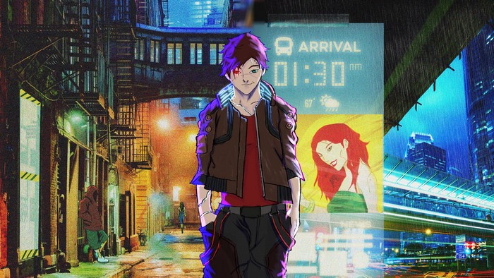 Cyberpunk 2077 illustration of a character in a city