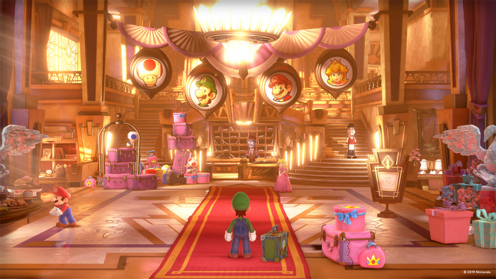 Luigi's Mansion 3: Mario, Luigi, Peach, and Toad in a Grand Hotel Lobby