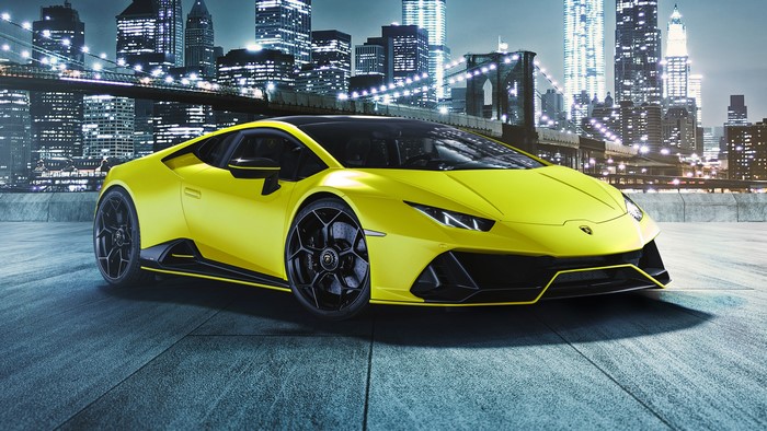 Yellow Lamborghini Huracan EVO RWD in New York City at Night