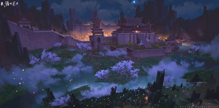 Fantasy Asian architecture at night with glowing lights