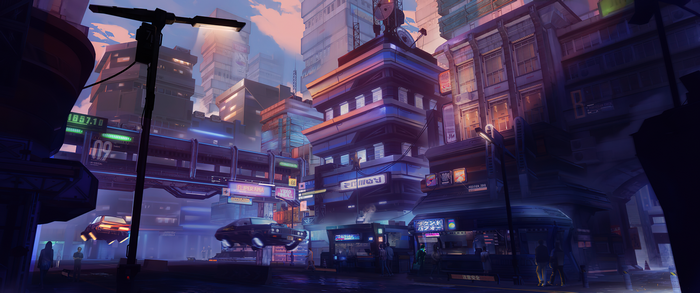 Cyberpunk cityscape with flying vehicles and neon signs
