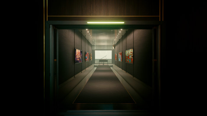 Hallway with paintings and a piano in Cyberpunk 2077