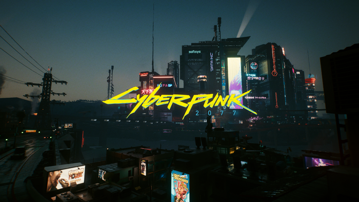 Cyberpunk 2077 title screen with city skyline