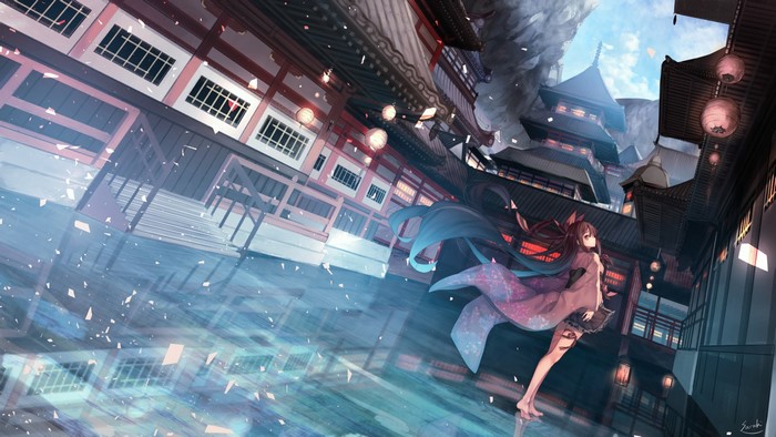 Anime girl in Japanese clothes in a traditional Japanese town