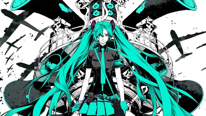 Hatsune Miku with airplanes and speakers