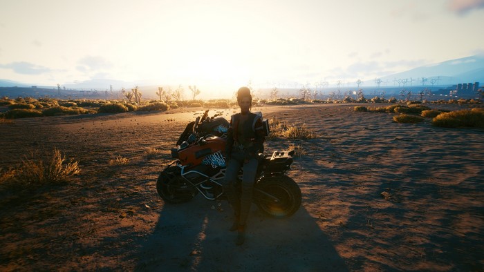 Panam Palmer from Cyberpunk 2077 on a motorcycle in the desert