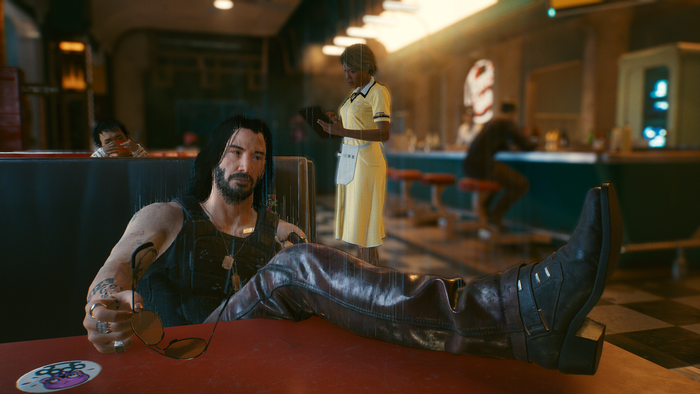 Johnny Silverhand from Cyberpunk 2077 in a diner