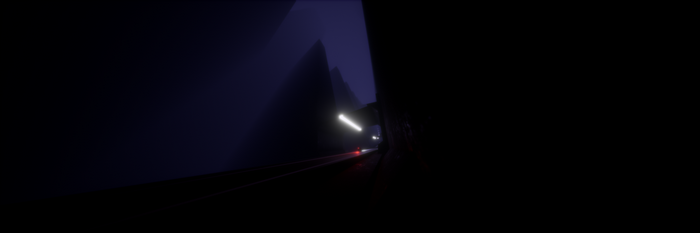 Dark futuristic tunnel with train lights