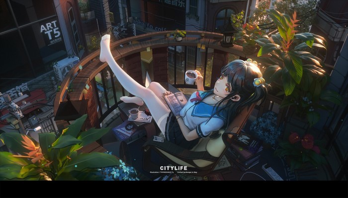 Anime girl on balcony with coffee and book