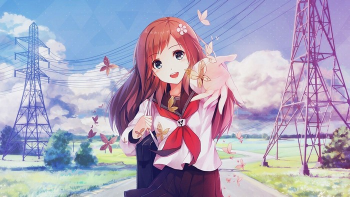 Anime girl with long hair and butterflies near power lines