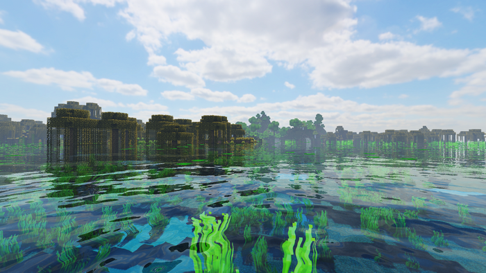 Minecraft swamp landscape with ruins and clear sky