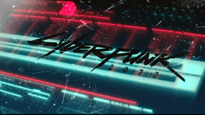 Cyberpunk 2077 logo on a futuristic screen