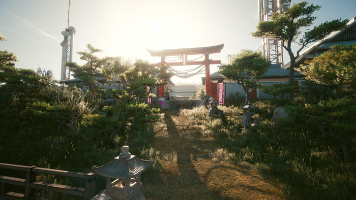 Cyberpunk 2077 screenshot of a Japanese shrine with towers